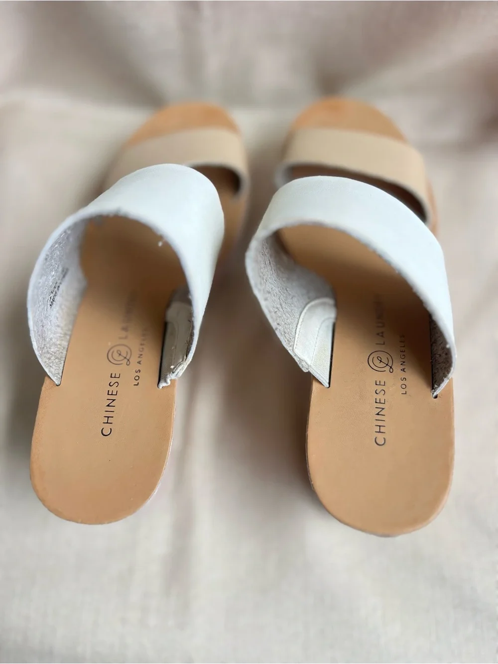 Chinese Laundry White and Beige Double-Band Wedge Sandals